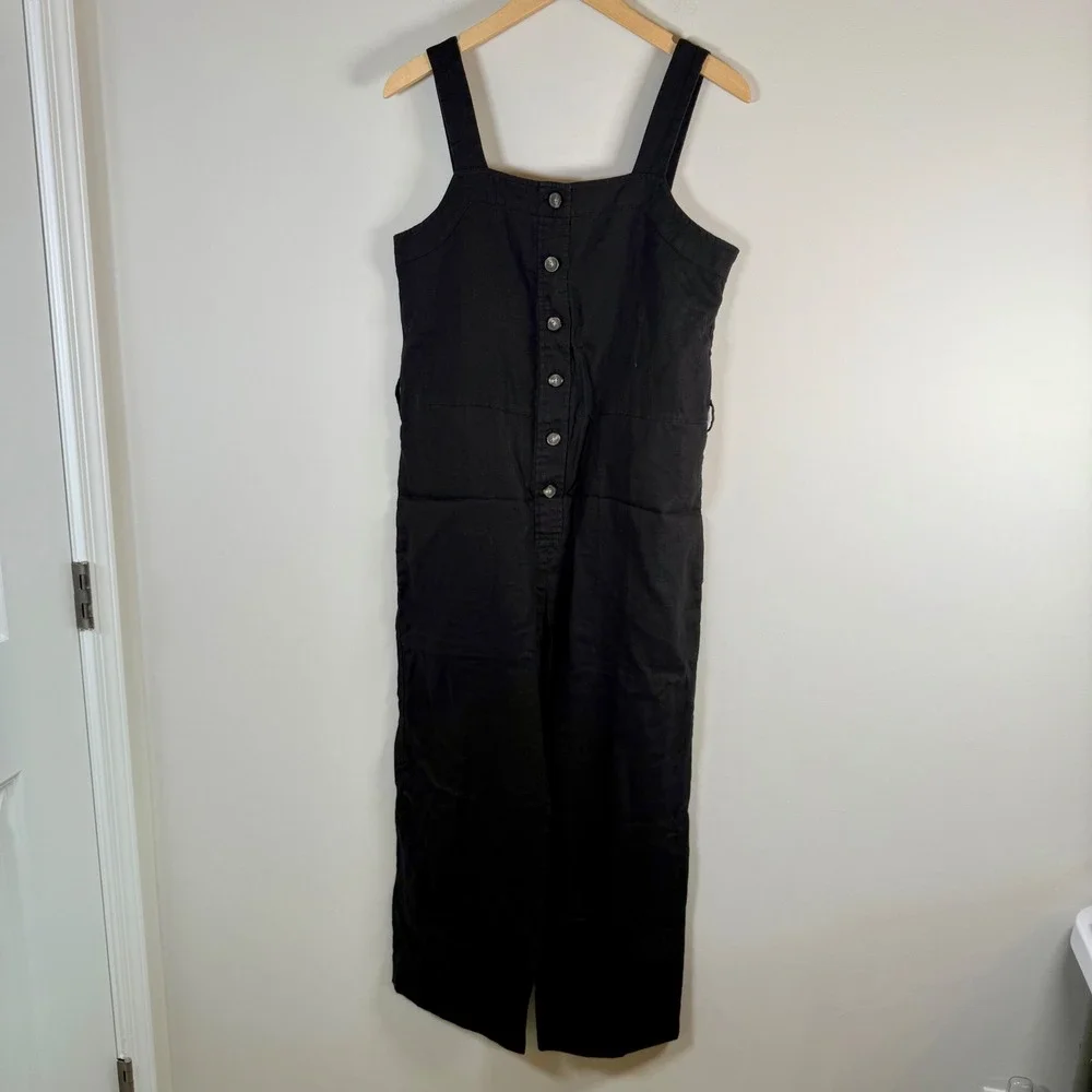 Everlane The Linen Button-Front Jumpsuit Size 4 Black Square Neck Wide Leg